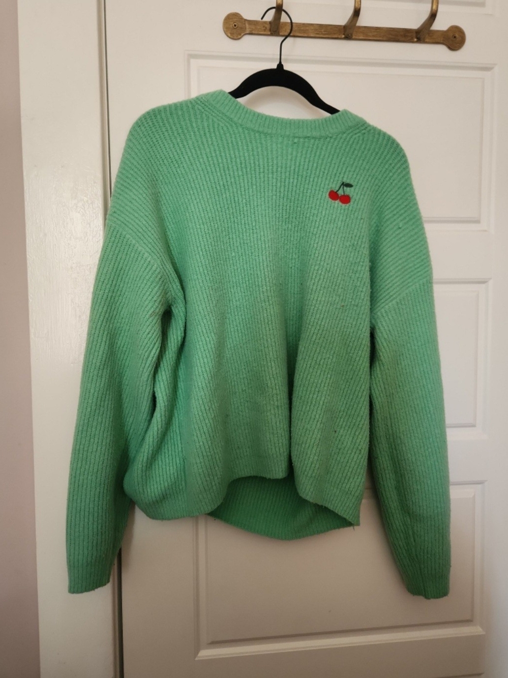 Mint Green Women's Crewneck Sweater with Cherry Embroidery